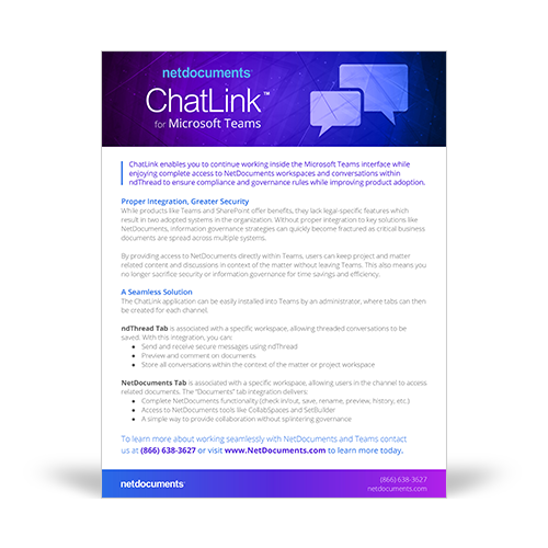Product brochure graphic covering the NetDocuments Chatlink technology add-on for Microsoft Teams under the Plan Solution