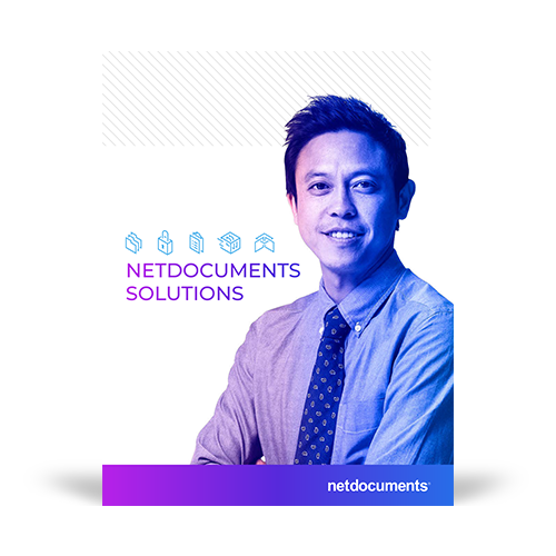 Product brochure graphic with a man in a suit smiling and the topic of the pdf brochure graphic covers all NetDocuments Solutions.