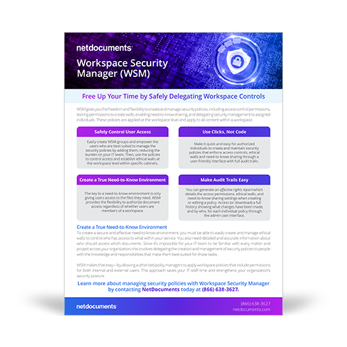 Graphic for product brochure for NetDocuments' Workspace Security Manager; A shield with a lock in the center above a computer motherboard