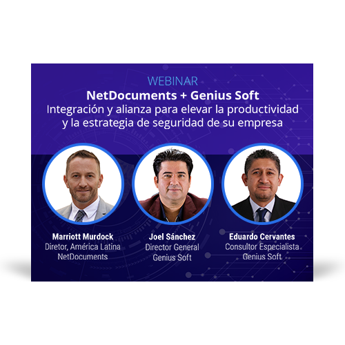 Graphic for webinar event hosted by NetDocuments and Genius Soft discussing productivity and security.