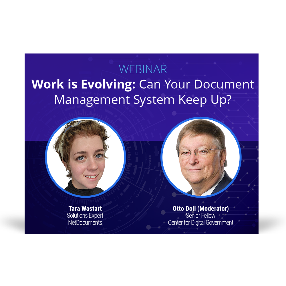 Graphic for webinar event hosted by NetDocuments discussing Document Management in the public sector.