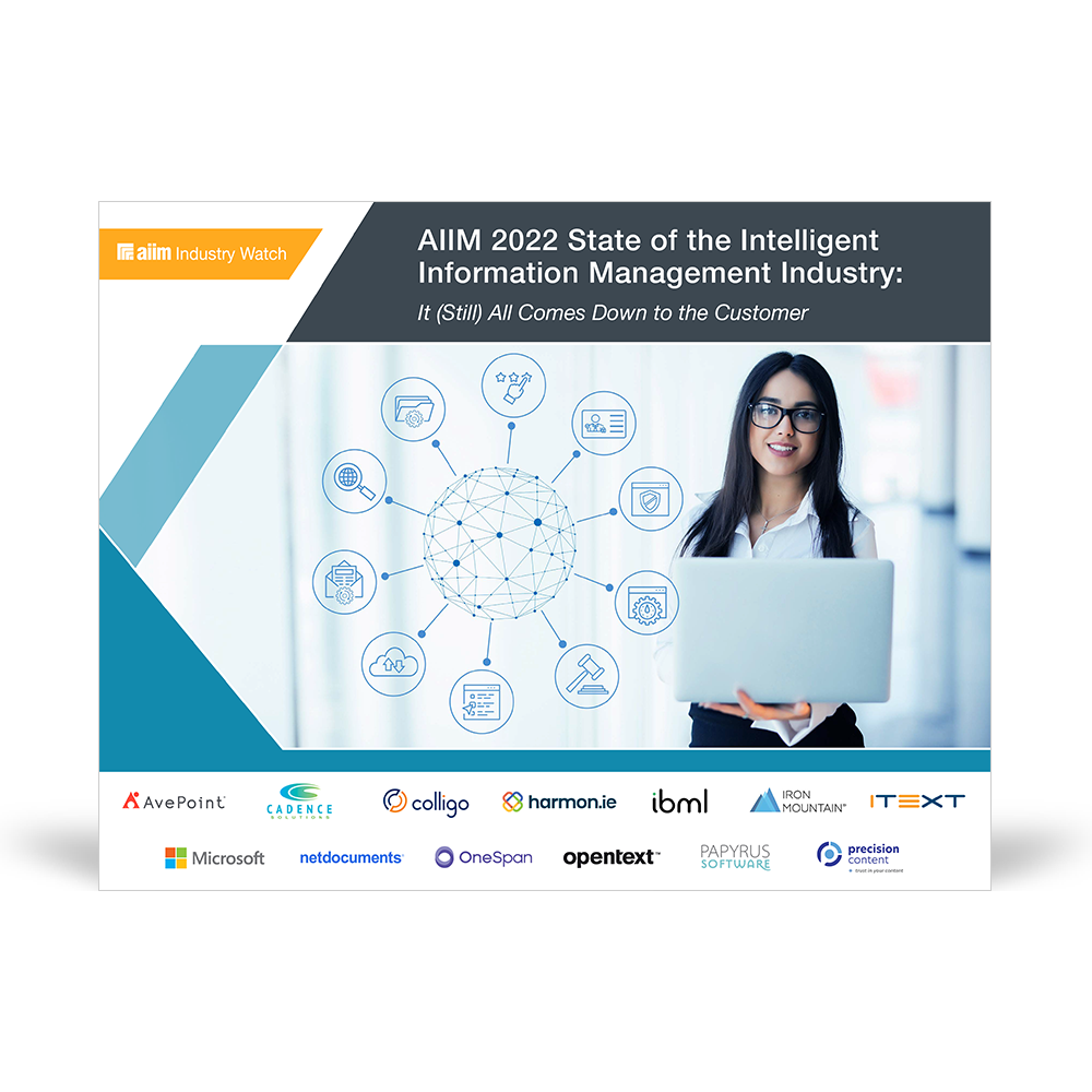AIIM 2022 Report with a woman in a suit standing holding a laptop.