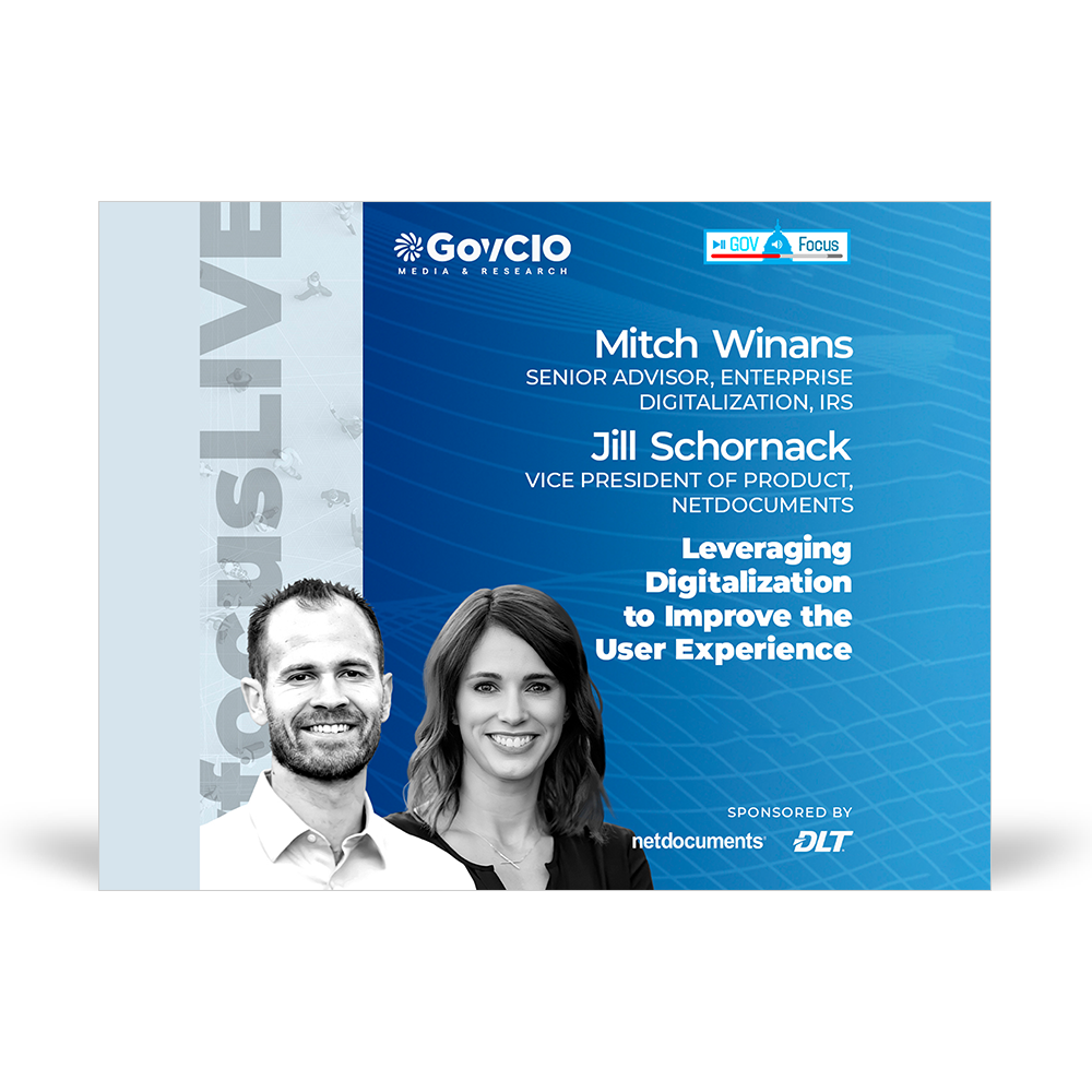 Graphic for webinar event hosted by NetDocuments with hosts Mitch Winans and Jill Schornack discussing leveraging digitalization to improve the user experience.
