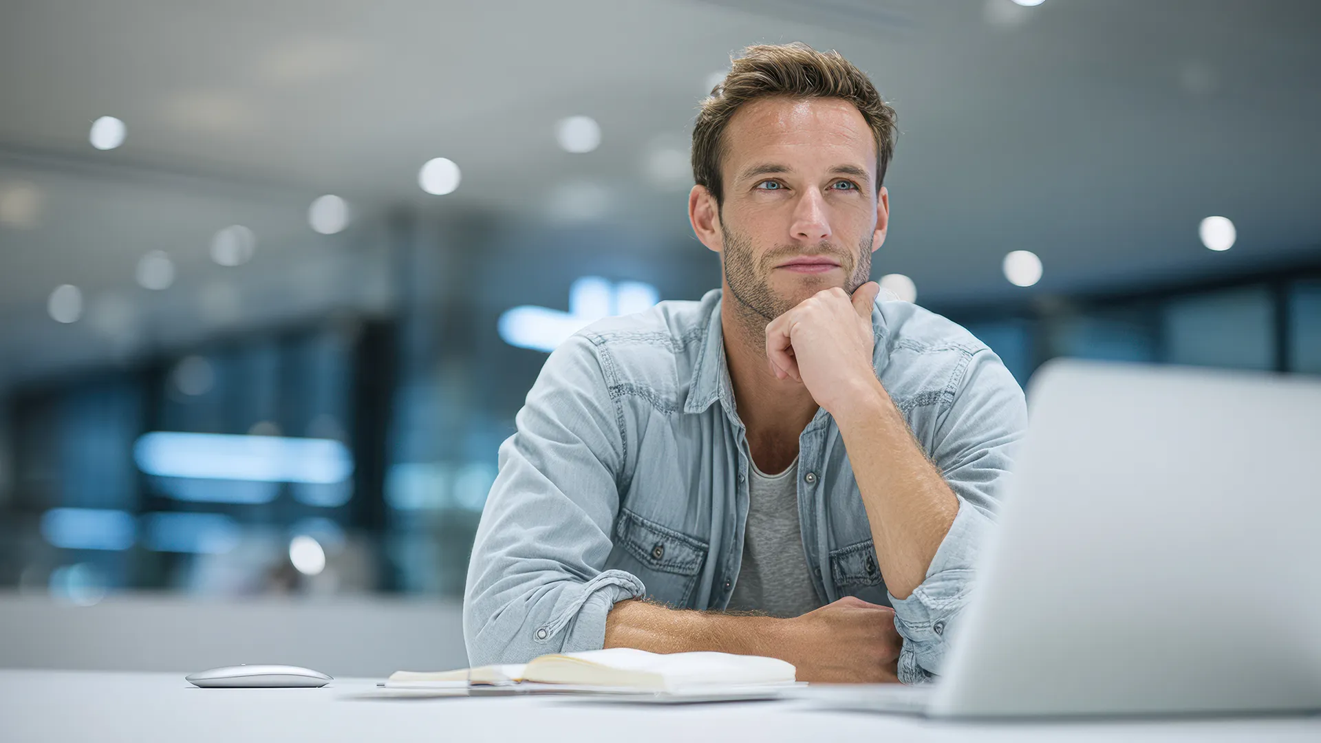 Man thinking by laptop
